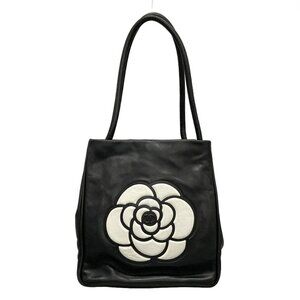 Auth CHANEL Camellia Black White Lambskin Tote Bag